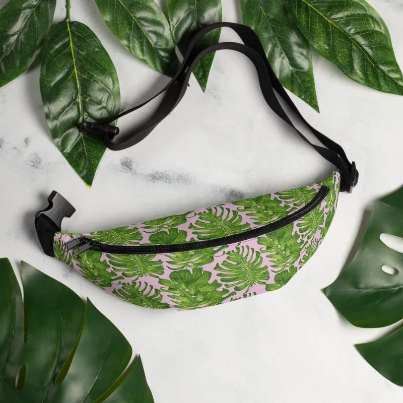 Light Pink Fanny Pack, Green Tropical Leaf Print Waist Belt Bag Fanny Pack Belt Bag- Made in USA/EU