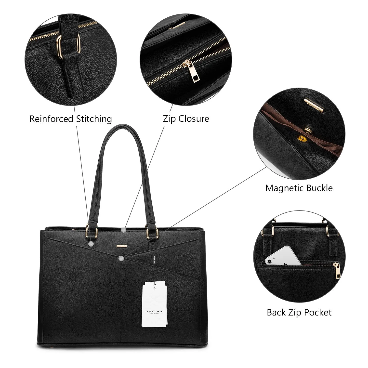 Lovevook Women's Versatile Laptop Tote & Handbag Black - Perfect for Work and Travel