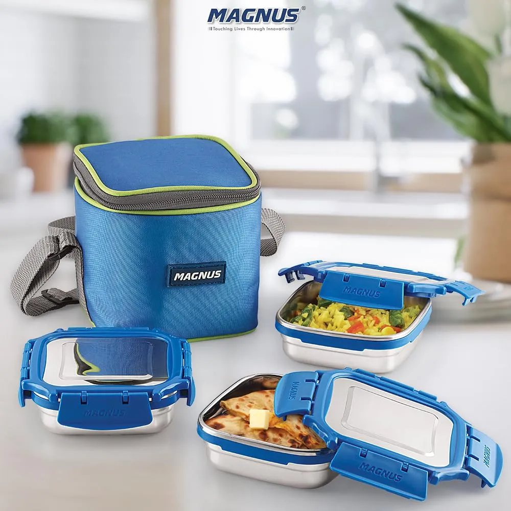 Magnus Mega 3 Stainless Steel Lunch Box Set with Bag - Airtight & Leakproof Lunch Box for Kids, Lunch Boxes for Office Men and Women - Ideal for School, Picnic (Blue, 900ml)