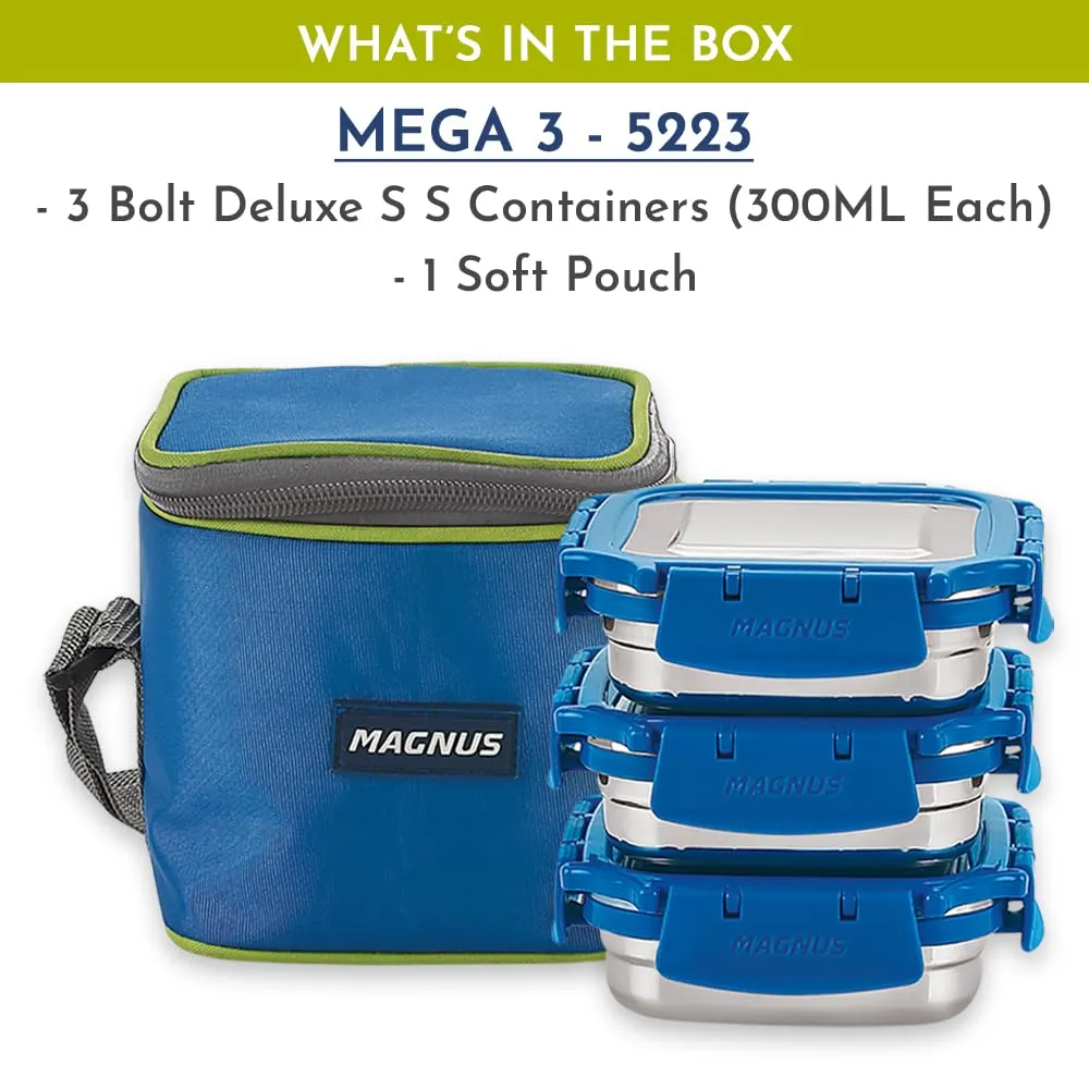 Magnus Mega 3 Stainless Steel Lunch Box Set with Bag - Airtight & Leakproof Lunch Box for Kids, Lunch Boxes for Office Men and Women - Ideal for School, Picnic (Blue, 900ml)