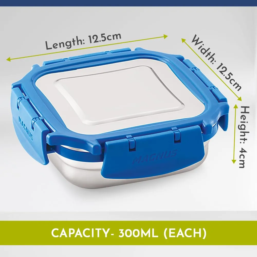 Magnus Mega 3 Stainless Steel Lunch Box Set with Bag - Airtight & Leakproof Lunch Box for Kids, Lunch Boxes for Office Men and Women - Ideal for School, Picnic (Blue, 900ml)