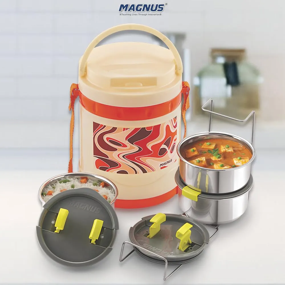 Magnus Pride 3 Orange Insulated Stainless Steel Lunch Box - 750 ml Leakproof Tiffin for Office Men, Women, Kids - Lunch Box for Kids with Insulated Cover - Lunch Boxes for Office Men - Made in India