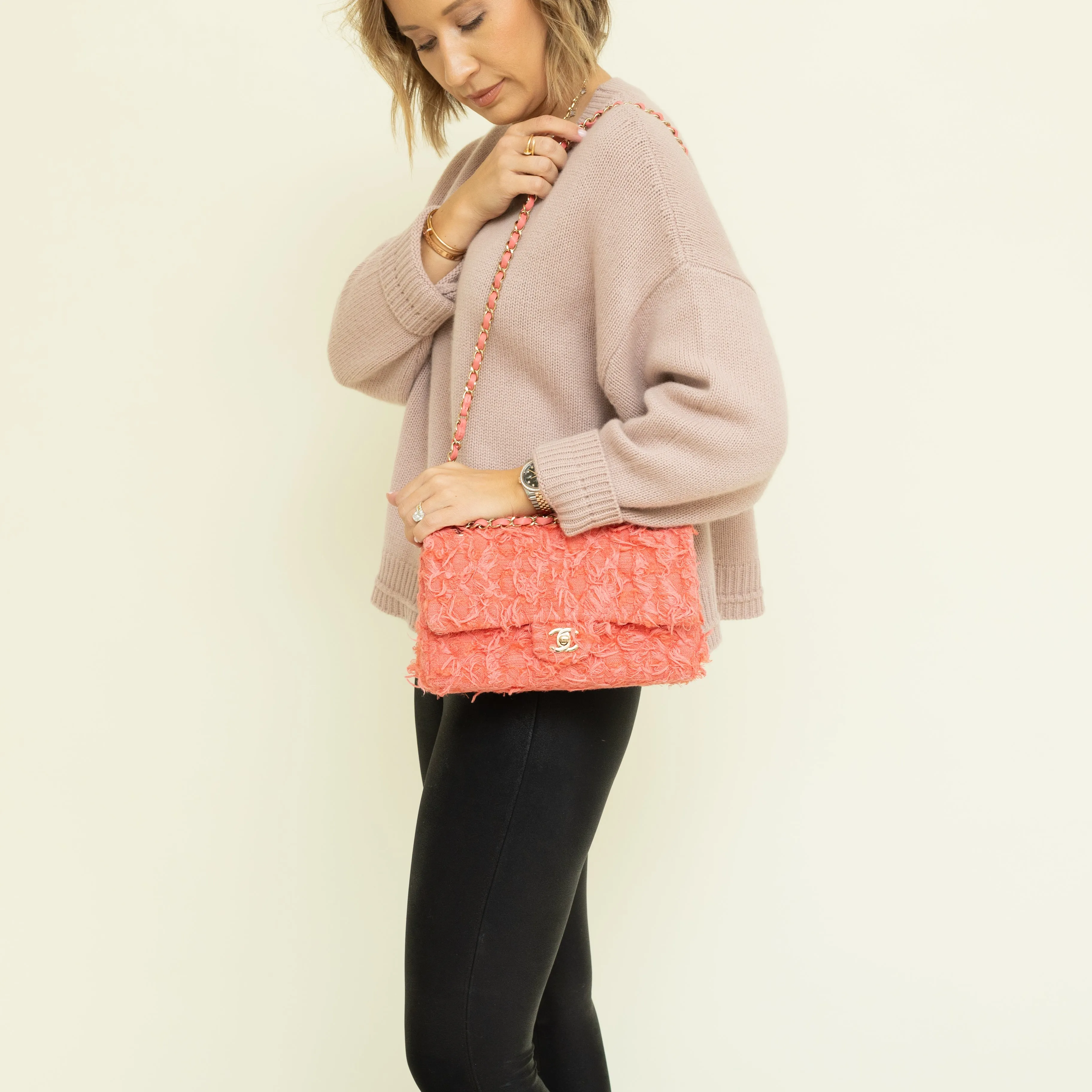 Medium Double Flap, Pink Tweed Light Gold Hardware