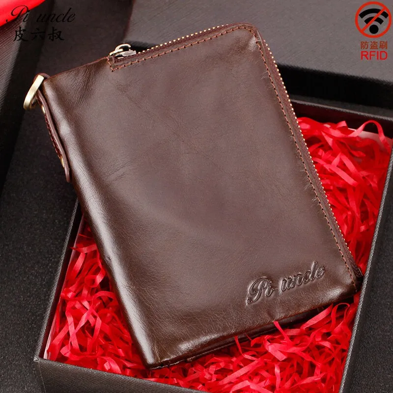 Men Genuine Leather RFID Anti-theft Zipper Ultra-thin Multi-slot Foldable Card Holder Wallet