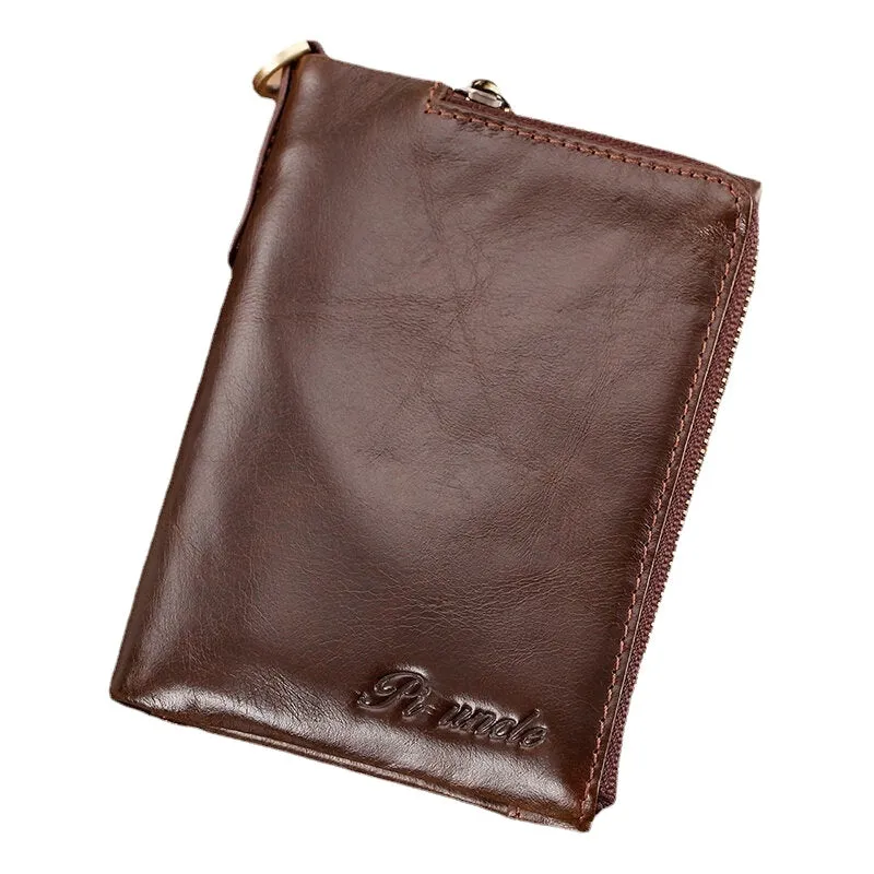 Men Genuine Leather RFID Anti-theft Zipper Ultra-thin Multi-slot Foldable Card Holder Wallet