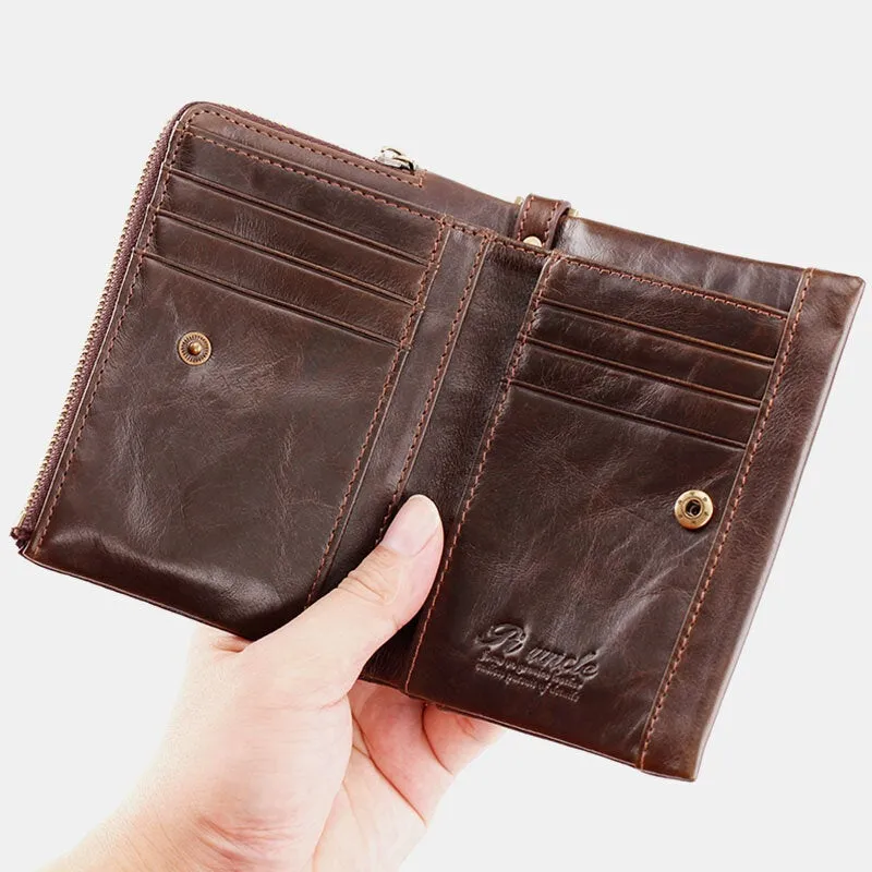 Men Genuine Leather RFID Anti-theft Zipper Ultra-thin Multi-slot Foldable Card Holder Wallet