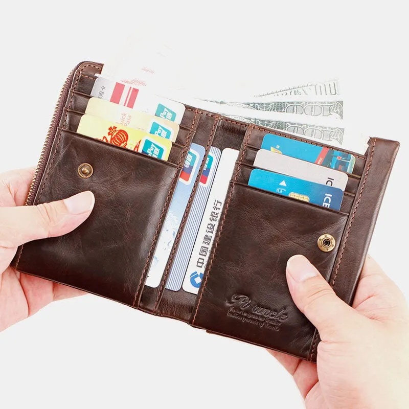 Men Genuine Leather RFID Anti-theft Zipper Ultra-thin Multi-slot Foldable Card Holder Wallet