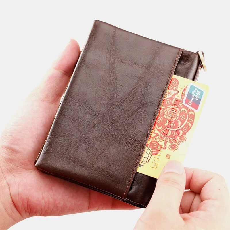 Men Genuine Leather RFID Anti-theft Zipper Ultra-thin Multi-slot Foldable Card Holder Wallet