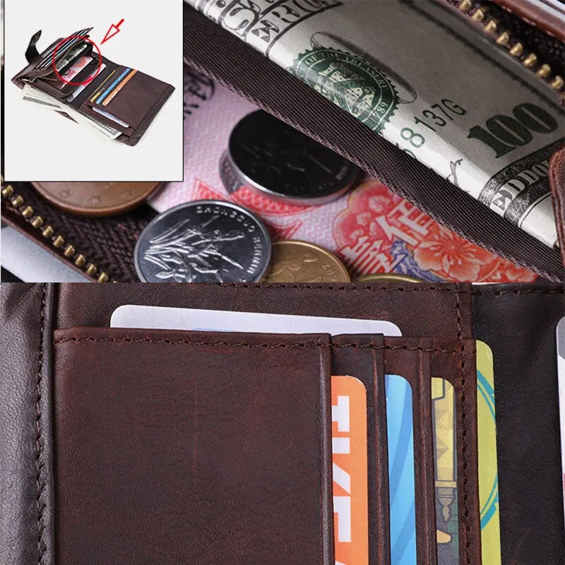 Men RFID Genuine Leather Anti-theft Multi-card Slots Retro Coin Wallet Foldable Card Holder Wallet