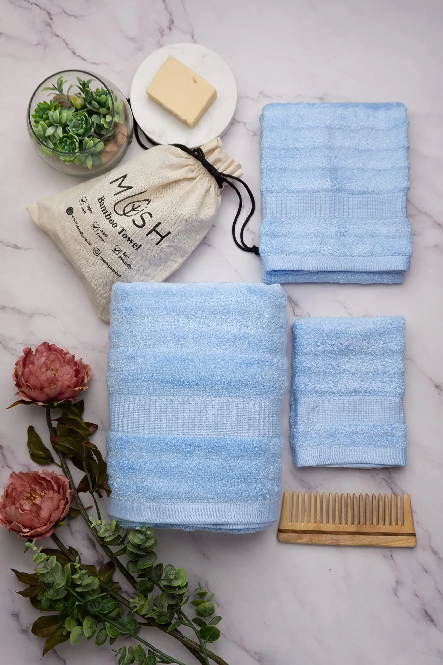 Mush Bamboo Towel: Ultra Soft, Absorbent, Eco Friendly 600 GSM 6 Pieces (2 Bath, 2 Hand, 2 Face) (Navy & Sky)