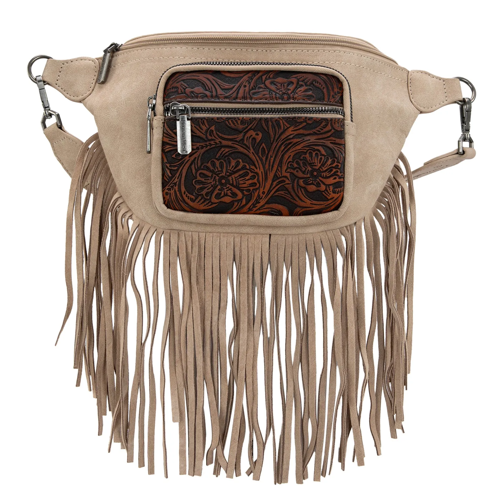 MW1276-194 Montana West Floral Tooled Fringe  Fanny Pack - Tan