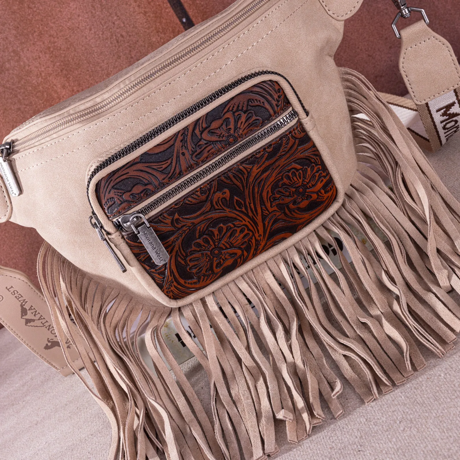 MW1276-194 Montana West Floral Tooled Fringe  Fanny Pack - Tan