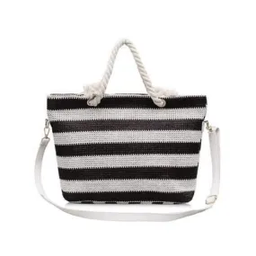 Naval Style Striped Straw Tote Bag - Coffee