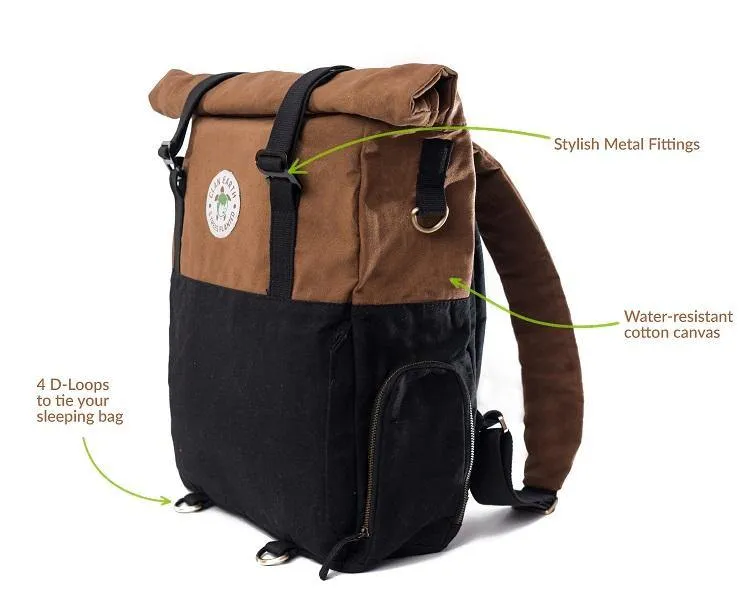 Pangolin Backpack - Camel Brown - Sustainable Eco Canvas Hyper-Functional Rolltop Travel Backpack