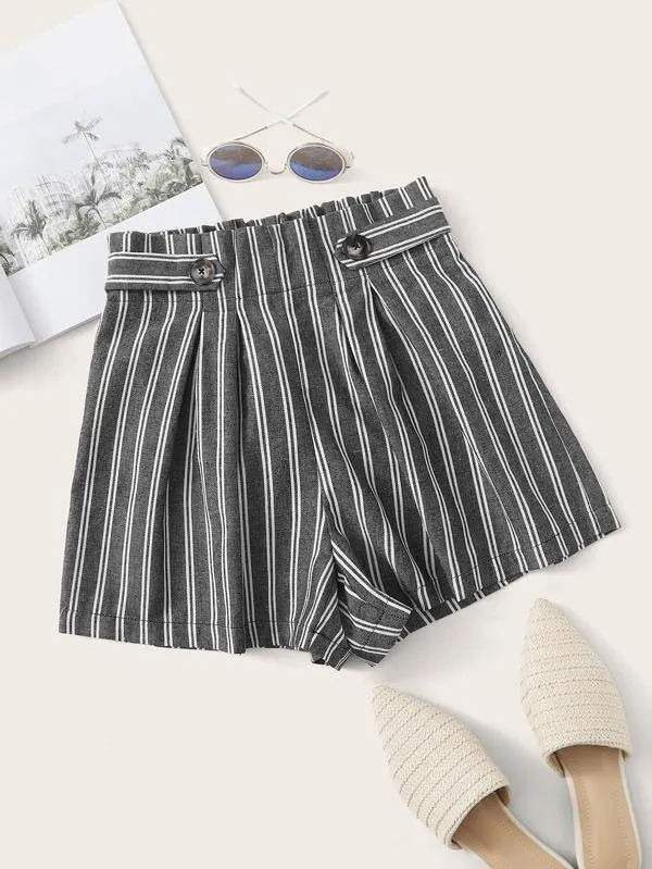 Paperbag Waist Button Detail Striped Shorts