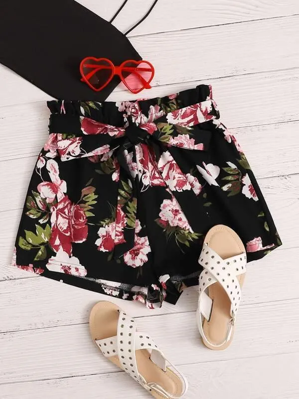 Paperbag Waist Floral Print Shorts