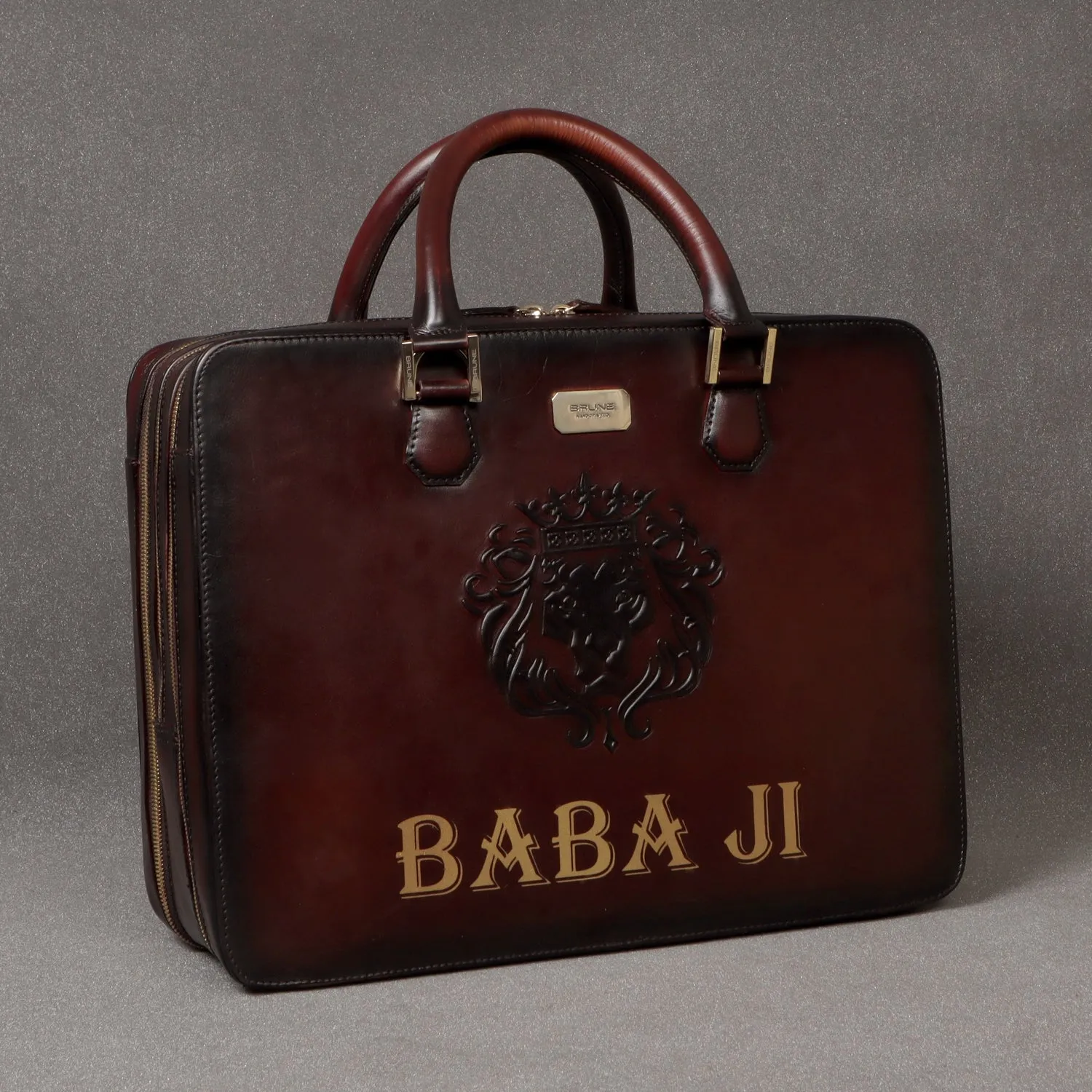 Personalized "BABA JI"Hand-Painted Initial Embossed Lion Dark Brown Leather Laptop Office Briefcase by Brune & Bareskin