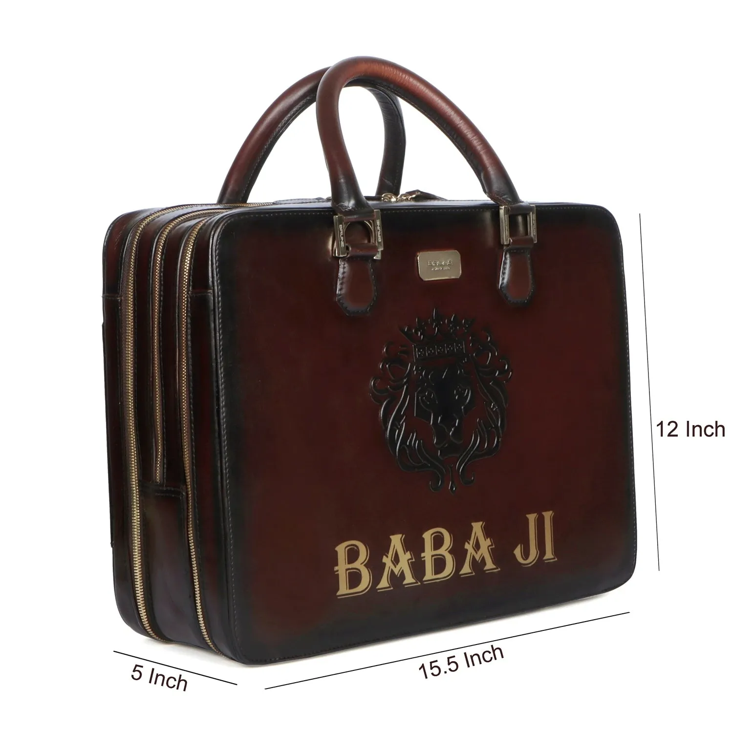 Personalized "BABA JI"Hand-Painted Initial Embossed Lion Dark Brown Leather Laptop Office Briefcase by Brune & Bareskin