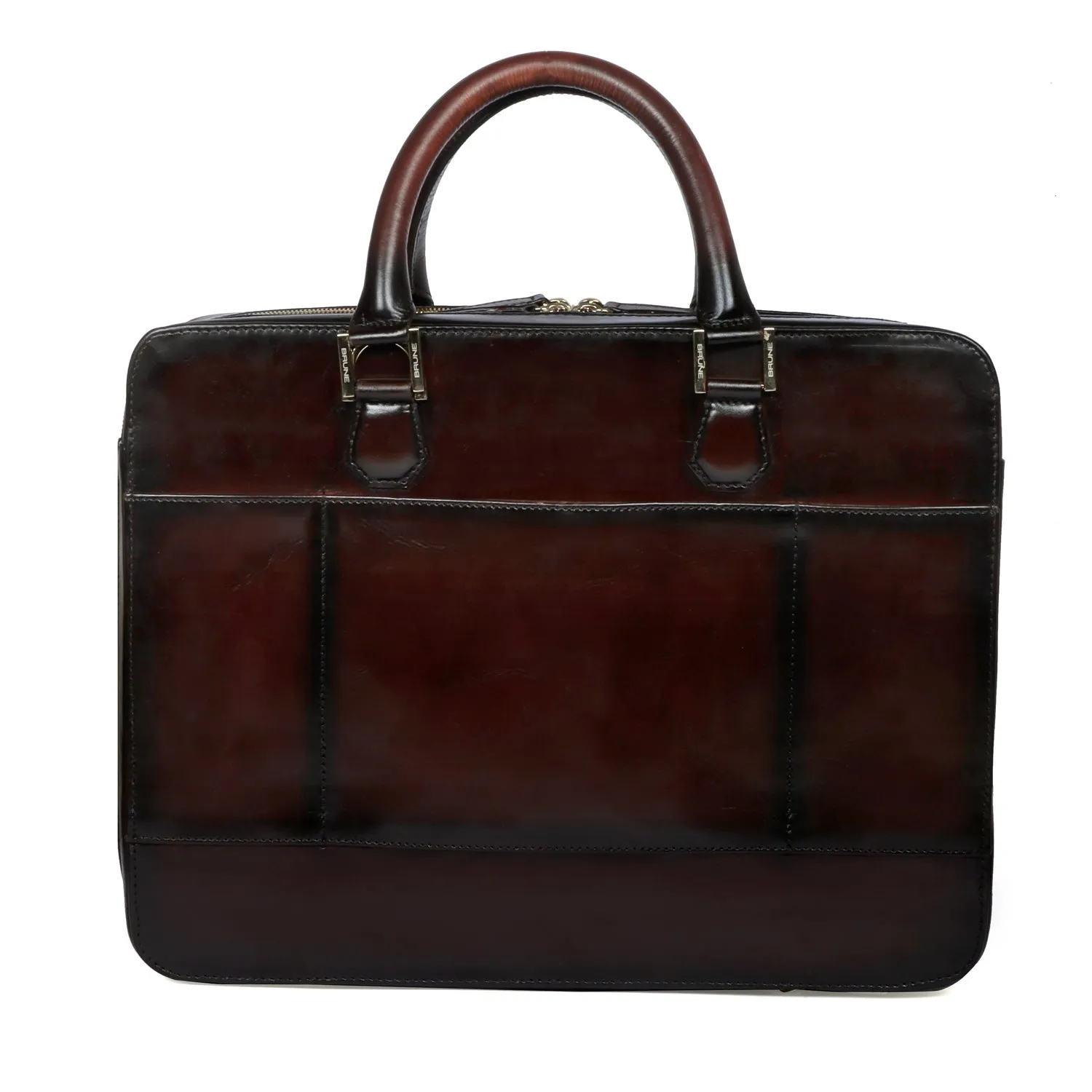 Personalized "BABA JI"Hand-Painted Initial Embossed Lion Dark Brown Leather Laptop Office Briefcase by Brune & Bareskin