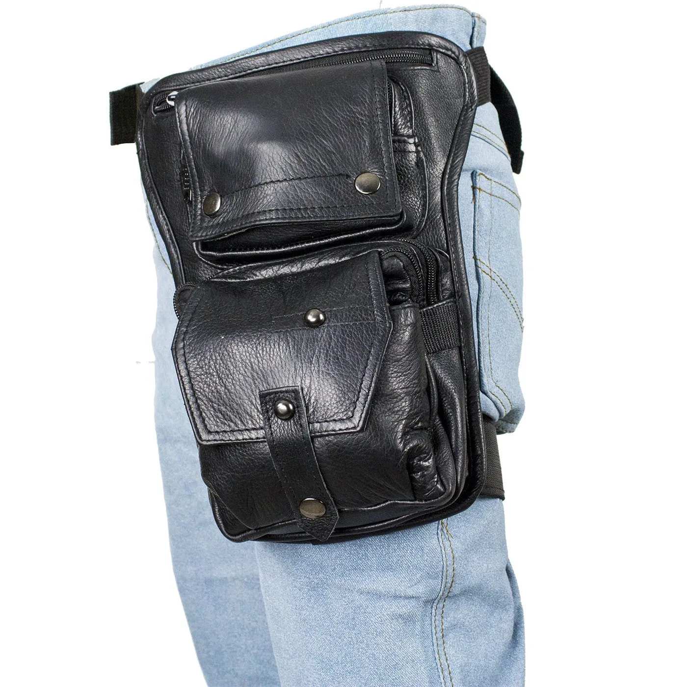 Premier Black Leather Multi Pocket Thigh Tactile Leg Bag with Gun Pocket