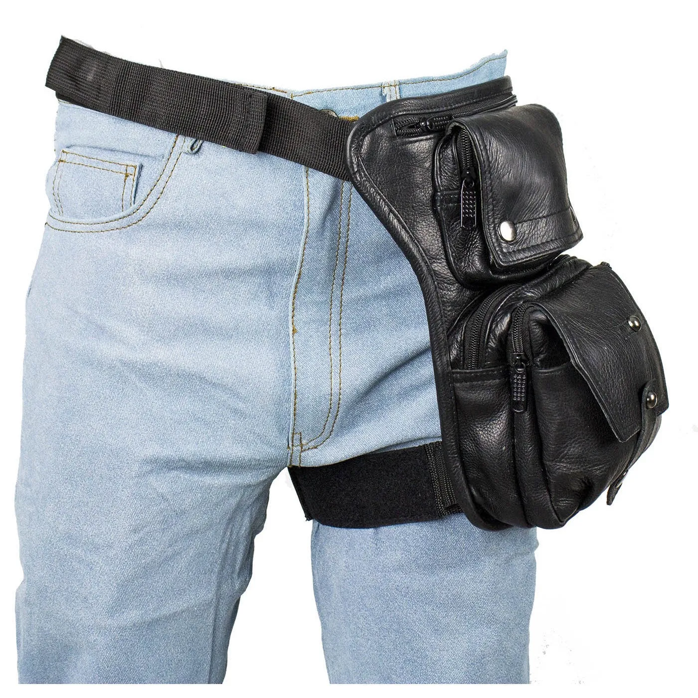 Premier Black Leather Multi Pocket Thigh Tactile Leg Bag with Gun Pocket