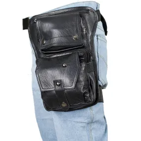 Premier Black Leather Multi Pocket Thigh Tactile Leg Bag with Gun Pocket