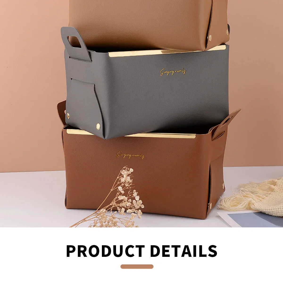 PU Leather Storage Box with Handle Basket Shoe Cabinet Porch Key Cosmetic Desktop Large Storage Skin Care Cosmetics Portable Folding