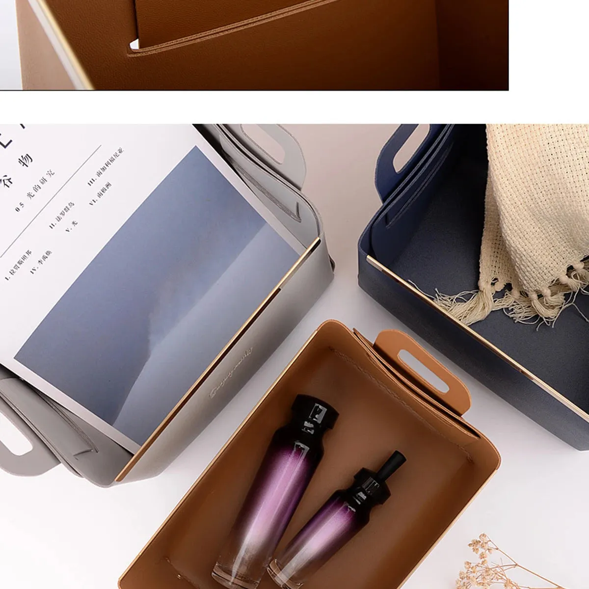 PU Leather Storage Box with Handle Basket Shoe Cabinet Porch Key Cosmetic Desktop Large Storage Skin Care Cosmetics Portable Folding