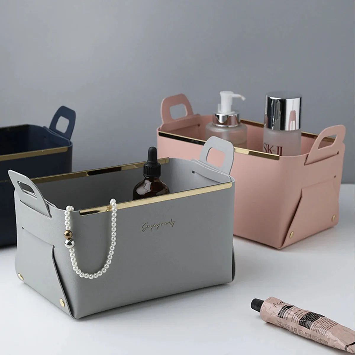 PU Leather Storage Box with Handle Basket Shoe Cabinet Porch Key Cosmetic Desktop Large Storage Skin Care Cosmetics Portable Folding