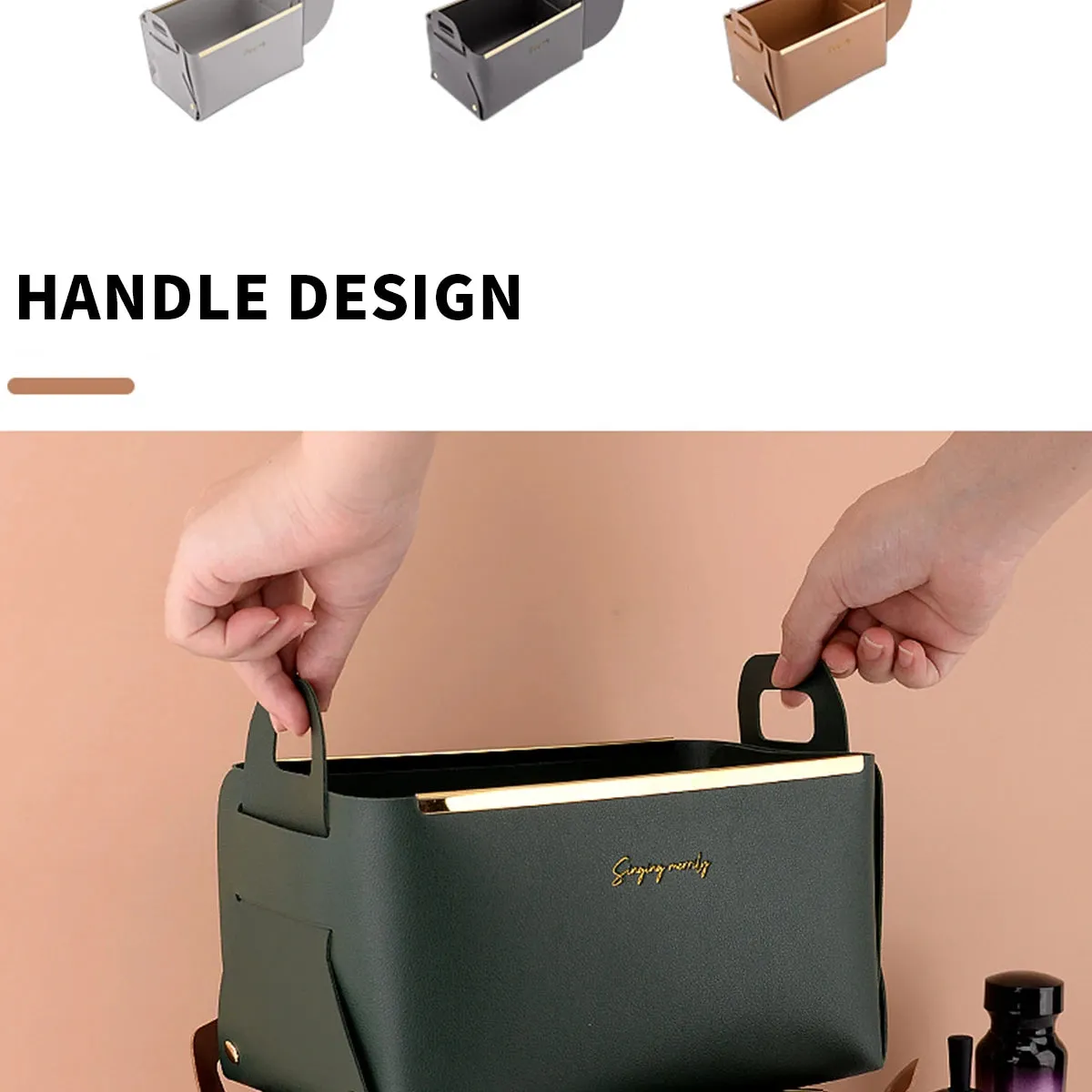 PU Leather Storage Box with Handle Basket Shoe Cabinet Porch Key Cosmetic Desktop Large Storage Skin Care Cosmetics Portable Folding