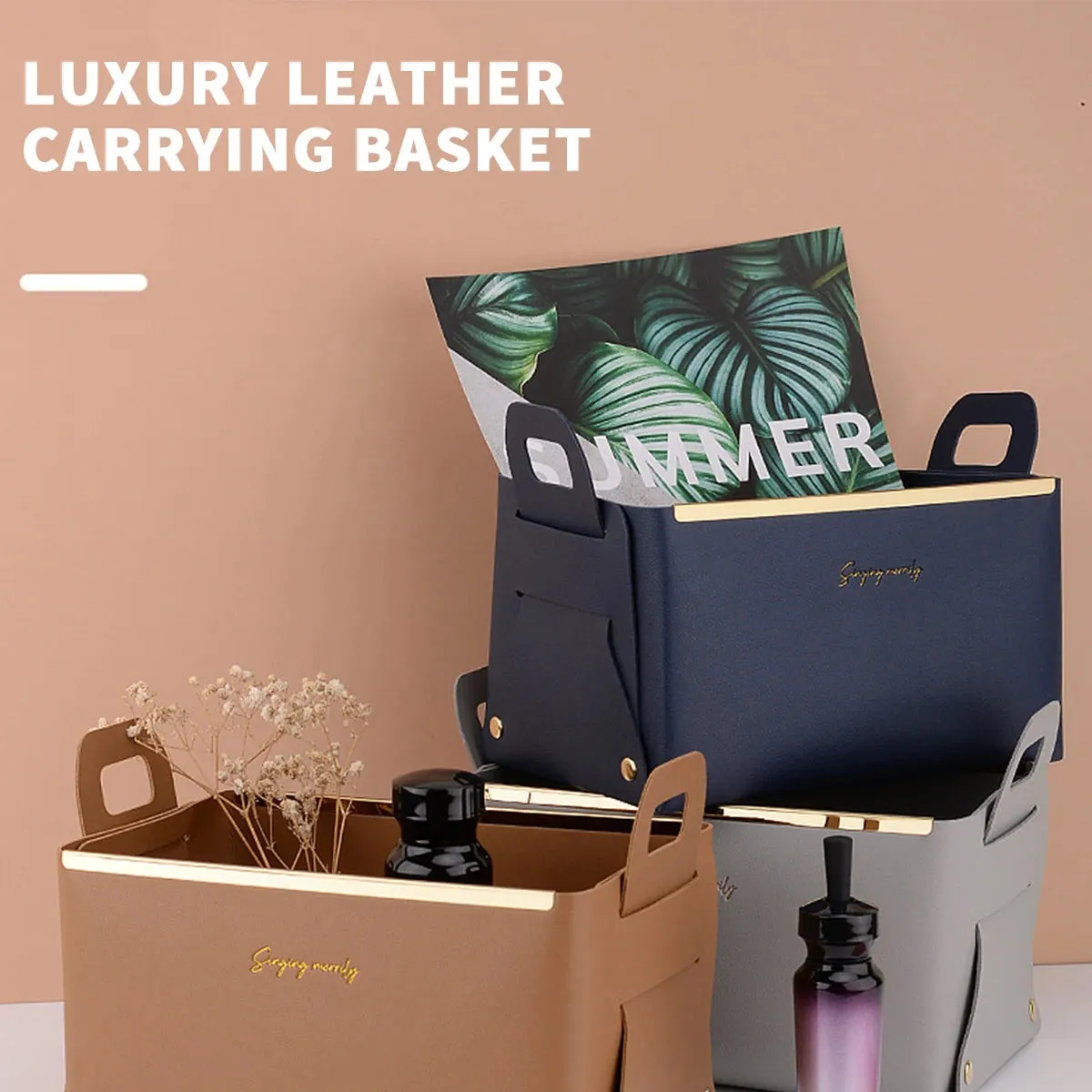 PU Leather Storage Box with Handle Basket Shoe Cabinet Porch Key Cosmetic Desktop Large Storage Skin Care Cosmetics Portable Folding