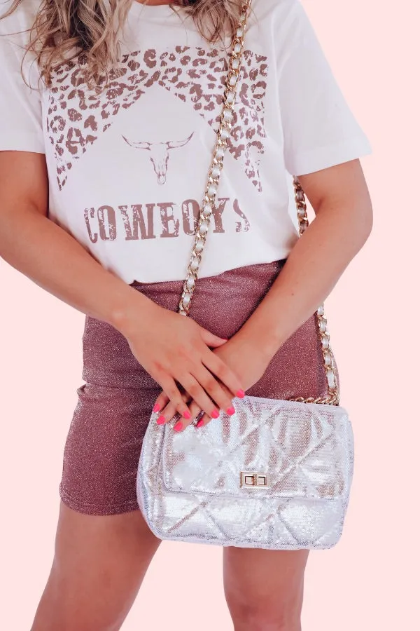 Quilted Silver Sequin Shoulder Bag