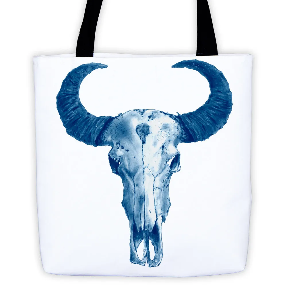 Ram Skull Blue Ink Tote Bag by Robert Bowen