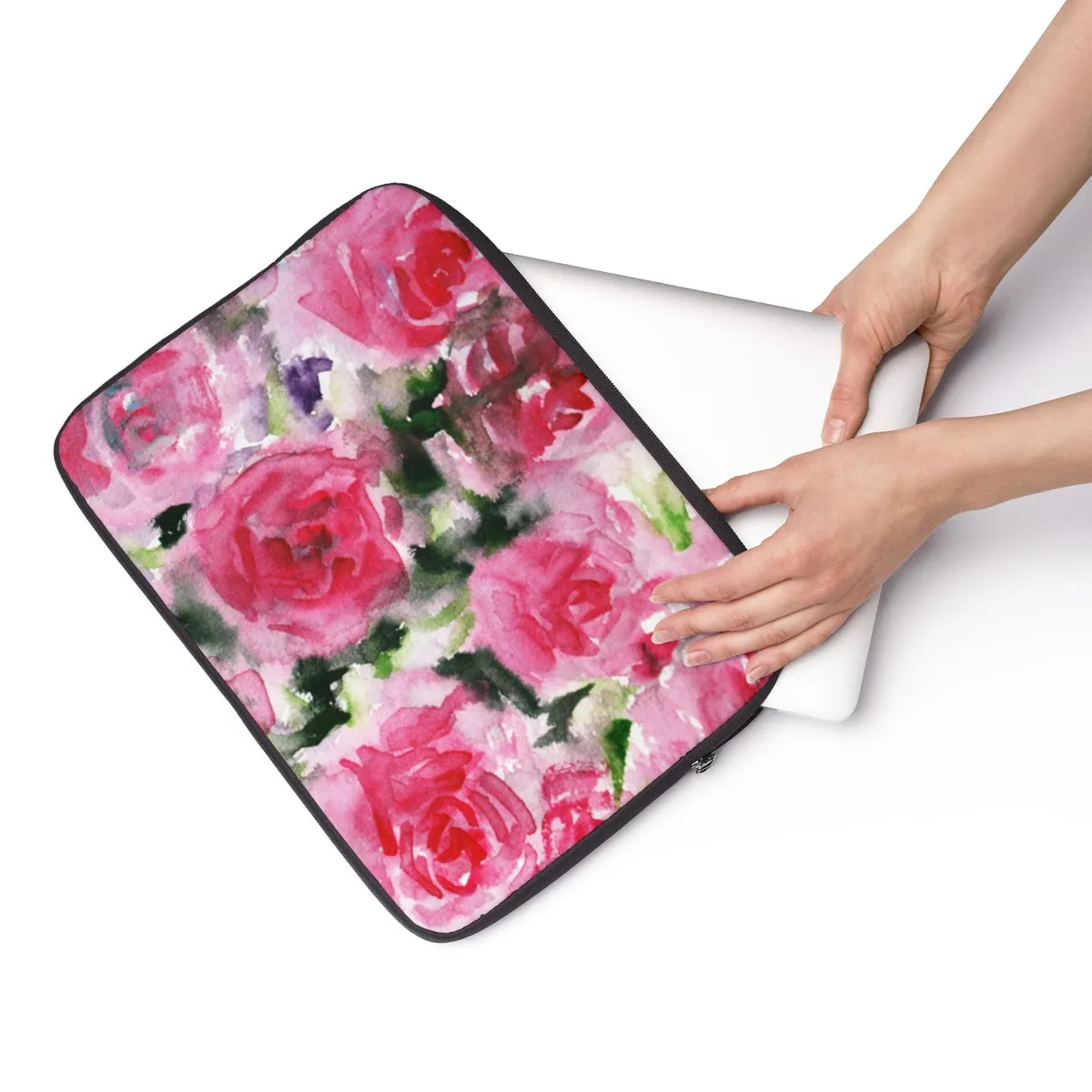 Reddish Pink Rose Floral Print 12', 13", 14" Laptop Sleeve - Designed   Made in the USA