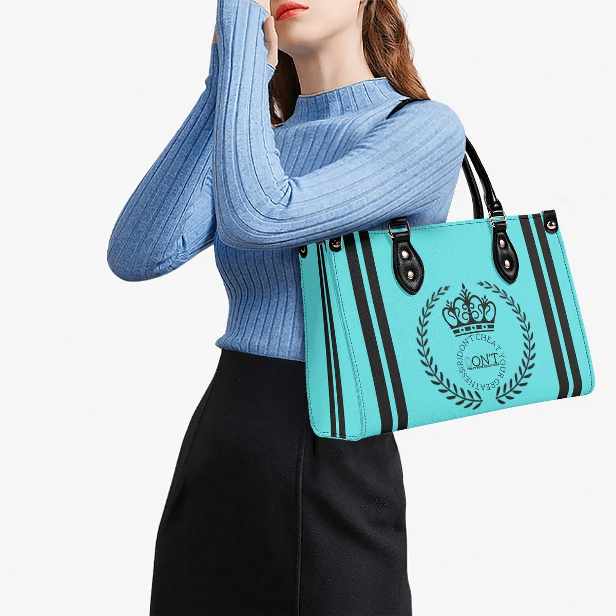 Royalty 24 Black Logo ,Stripes & Turquoise Multiple Sizes Upgraded Luxury Women PU Leather Handbag