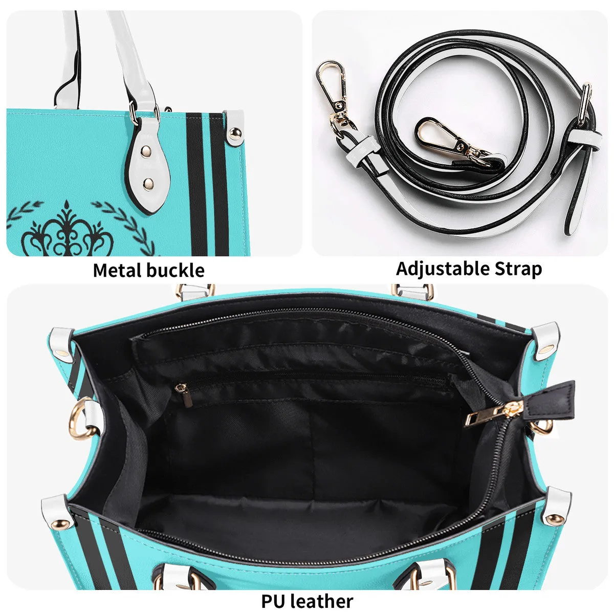 Royalty 24 Black Logo ,Stripes & Turquoise Multiple Sizes Upgraded Luxury Women PU Leather Handbag