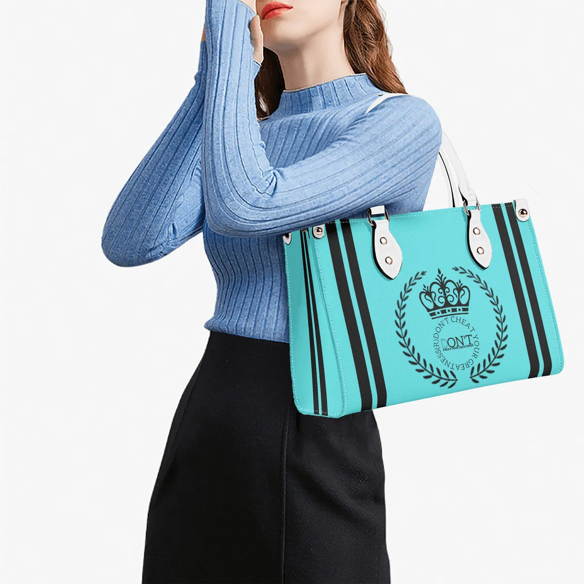 Royalty 24 Black Logo ,Stripes & Turquoise Multiple Sizes Upgraded Luxury Women PU Leather Handbag