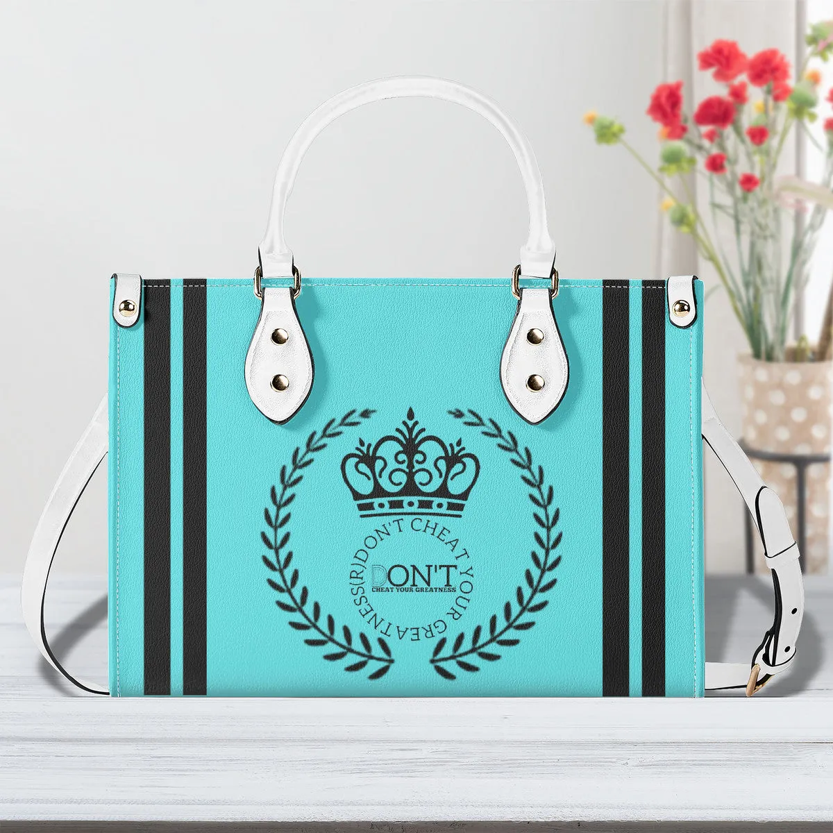 Royalty 24 Black Logo ,Stripes & Turquoise Multiple Sizes Upgraded Luxury Women PU Leather Handbag