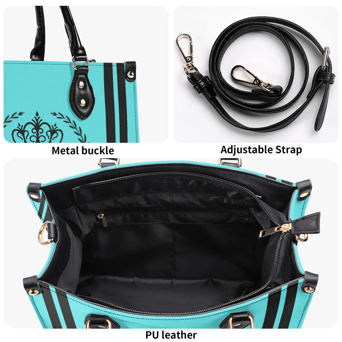 Royalty 24 Black Logo ,Stripes & Turquoise Multiple Sizes Upgraded Luxury Women PU Leather Handbag