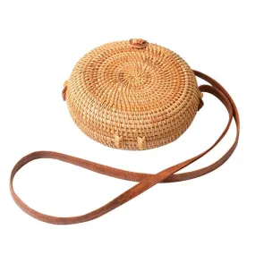 Small Plain Flap Round Straw Rattan Bag