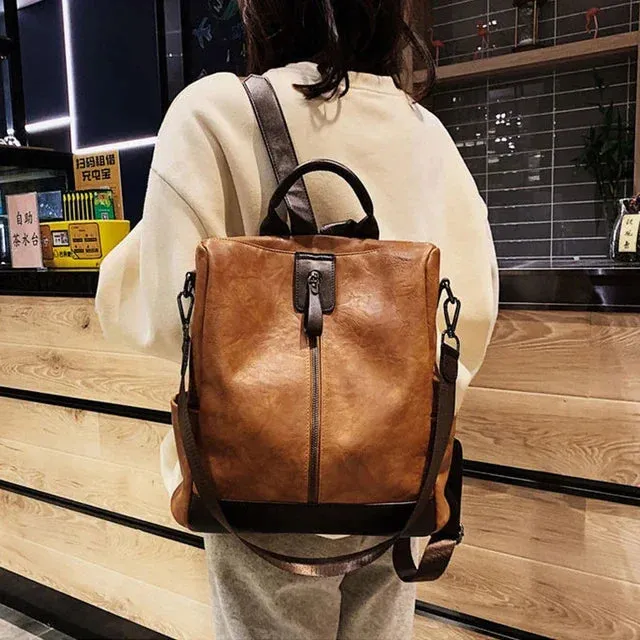 Sohiwoo PU Backpack Capacity Travel Rucksack Bag Backpack Soft Quality High School Knapsack Vintage Anti-theft Leather Women Large Sac