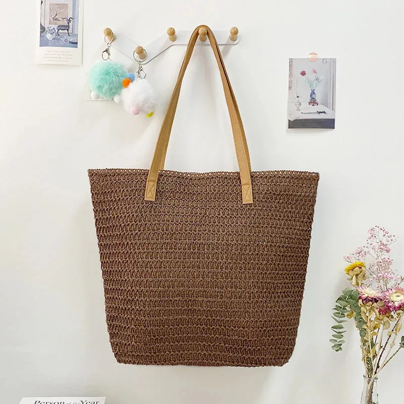 Solid Color Beach Straw Shoulder Bag