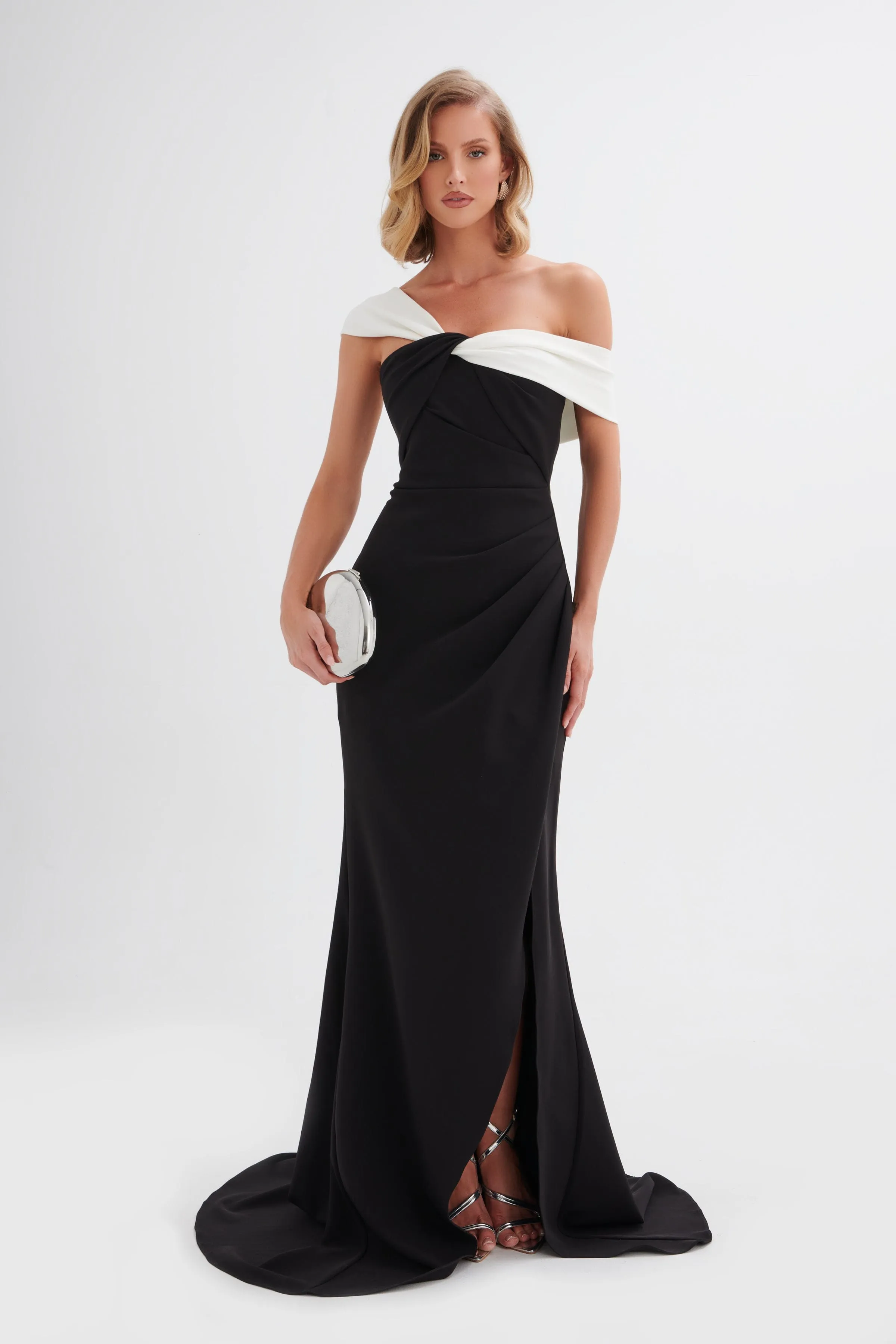 TAYLOR Twisted One Shoulder Maxi Dress with Train In Black