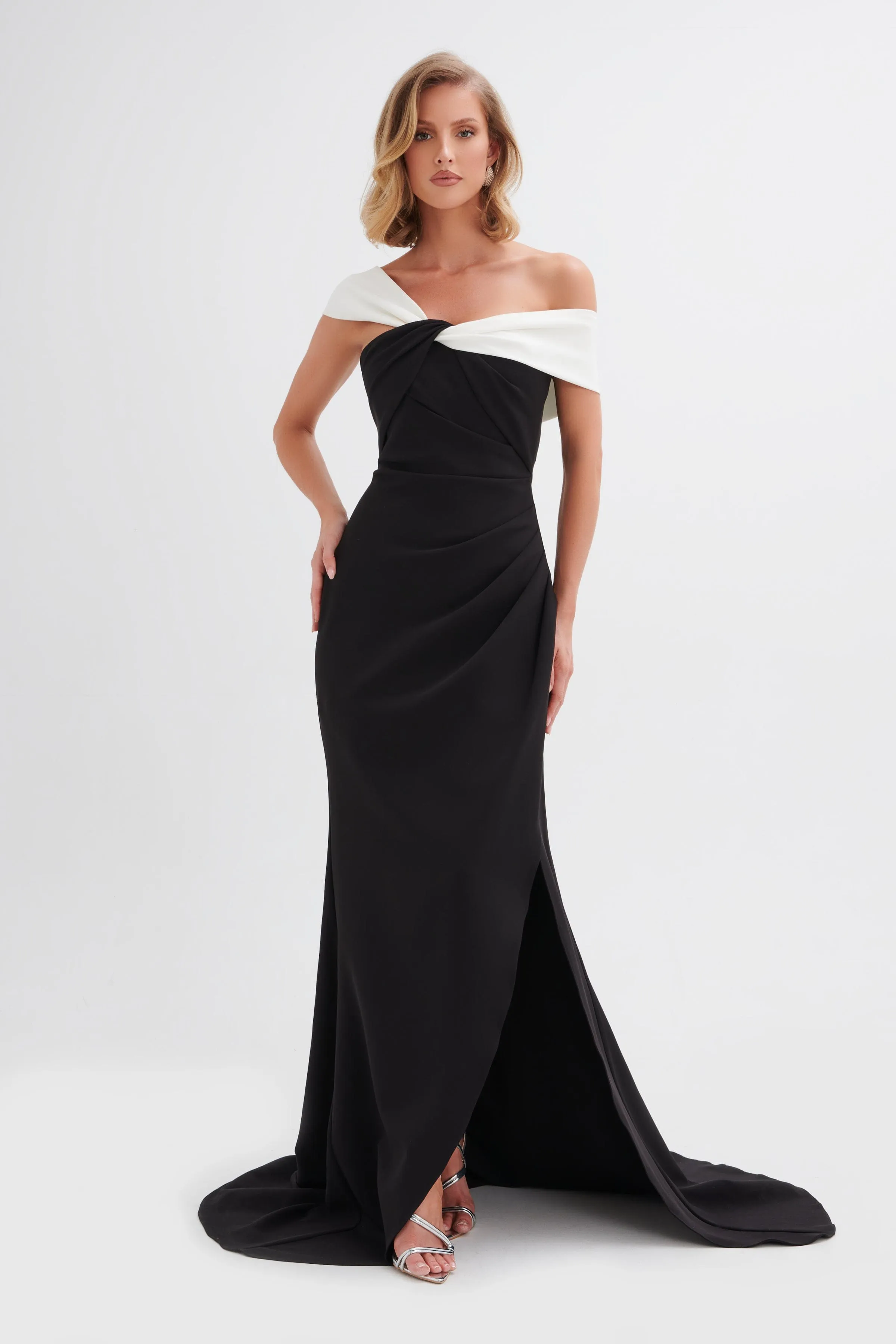 TAYLOR Twisted One Shoulder Maxi Dress with Train In Black