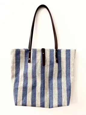 Textile tote - blue-beige linen with leather straps