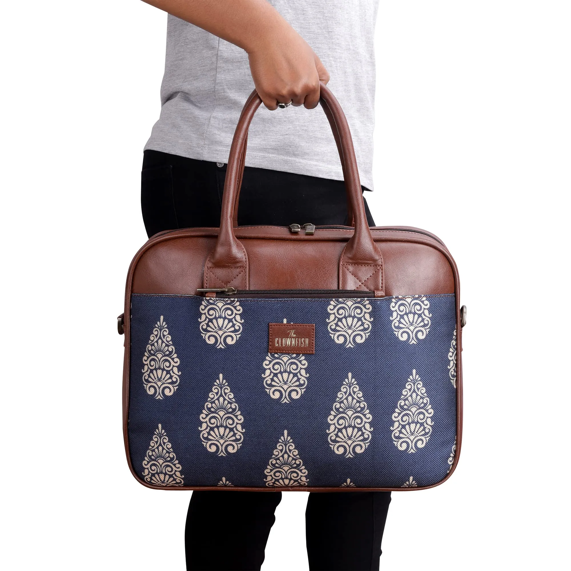 THE CLOWNFISH Deborah series 15.6 inch Laptop Bag For Women Printed Handicraft Fabric & Faux Leather Office Bag Briefcase Messenger Sling Handbag Business Bag (Navy Blue)