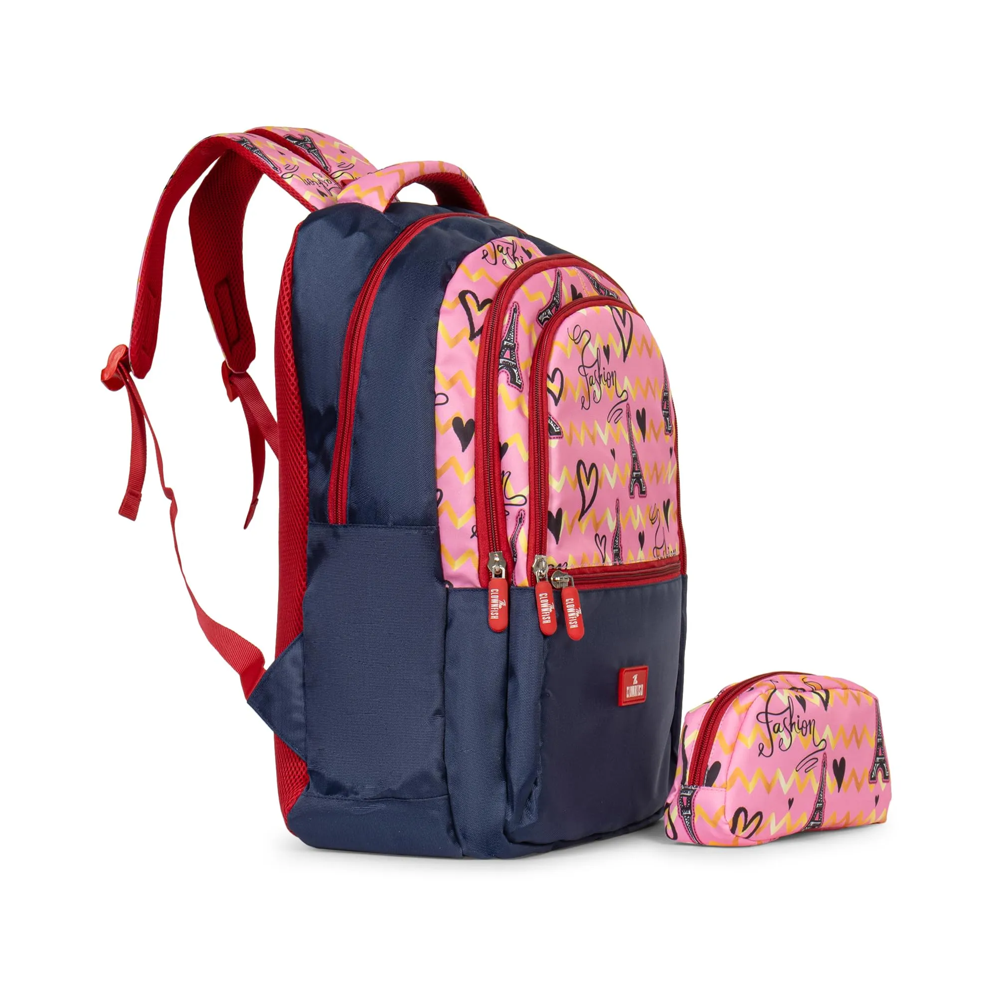 THE CLOWNFISH Edutrek Series Printed Polyester 33.5 L School Backpack with Pencil/Stationery Pouch School Bag Zip Pocket Daypack Picnic Bag For School Going Boys & Girls Age-10  years (Pink - Eiffel)