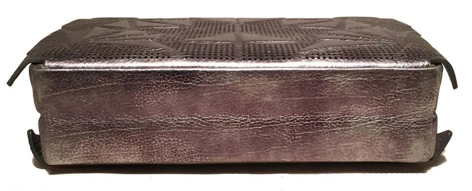 Tonya Hawkes Silver Metallic Embossed and Laser Cut Leather Convertible Clutch