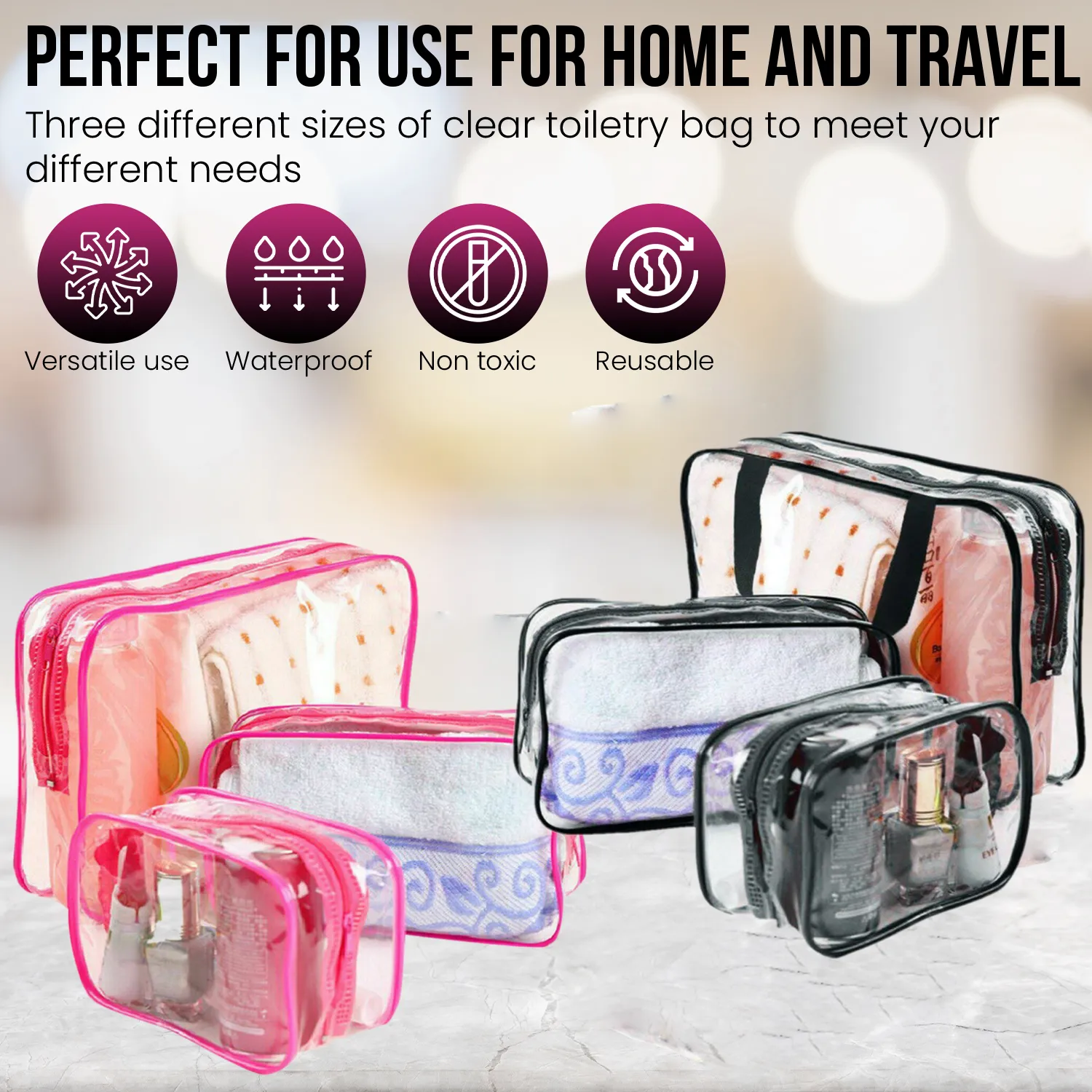 Transparent Travel Bags Set - Pink or Black