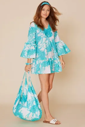 Turquoise Seas Bell Sleeve Dress with Tie Back in Blue Coral